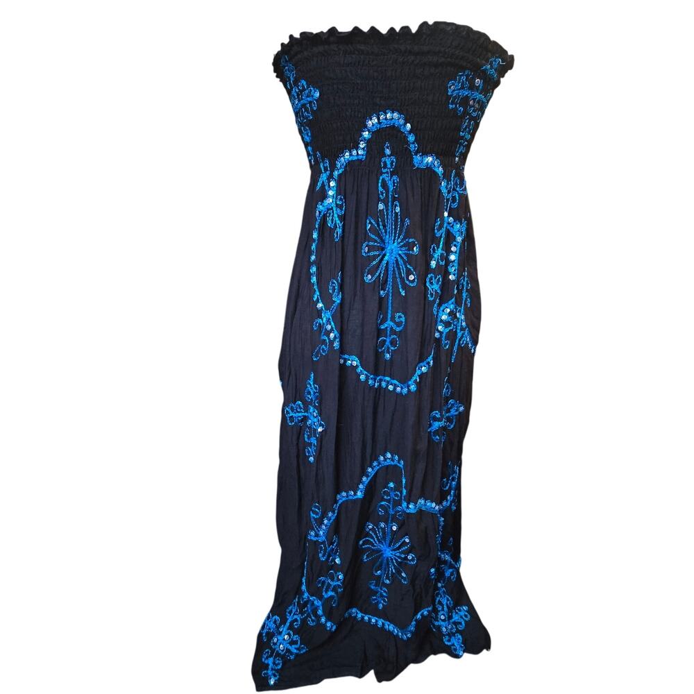 Y2k Coastal Mermaid Beach Sundress Sol & Spa Black Blue Sequin One Size - Picture 2 of 6